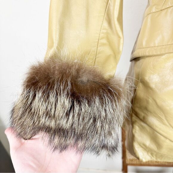 1970s Vntg Leather Double Breasted Raccoon Fur Trim Penny Lane Coat Jacket Mob - Picture 2 of 10